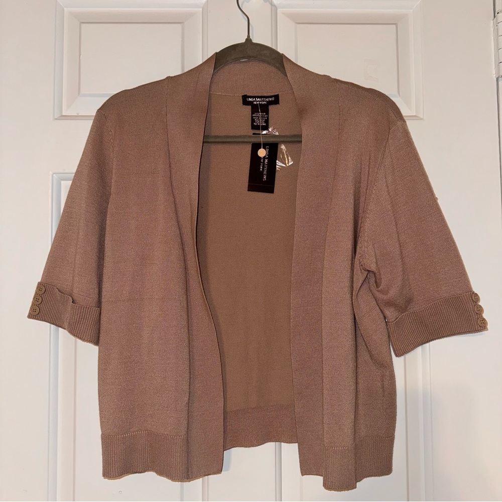 Linda Matthews vtg vintage tan dark beige crop open cardigan elbow sleeves L NWT